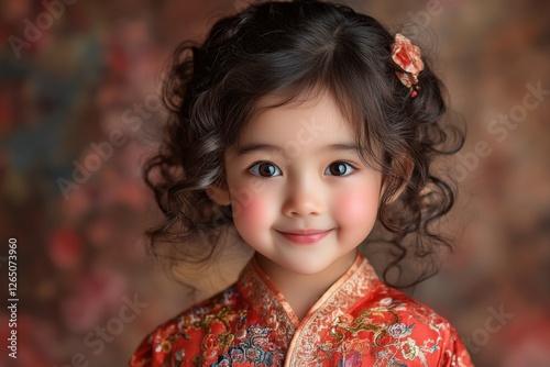 Young girl in traditional attire smiles sweetly against a soft, colorful backdrop during a cultural celebration