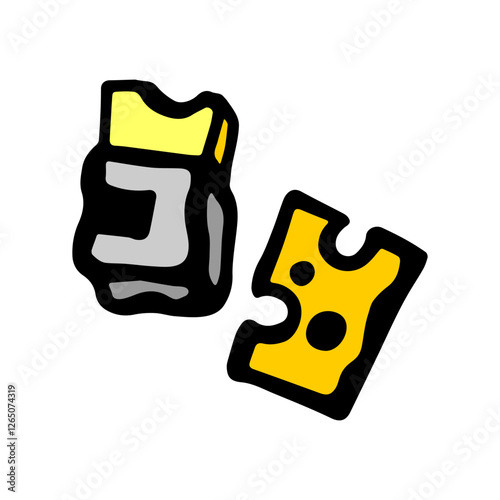 Color drawing of bitten processed cheese, yellow shade, in a half-open pack, where an open piece of cheese with holes is placed next to it.