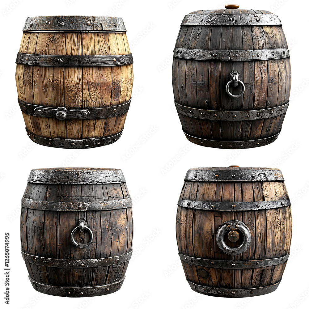 Obraz premium Collection of Wooden Barrels with Handles and Metal Rings, Isolated on transparent background 