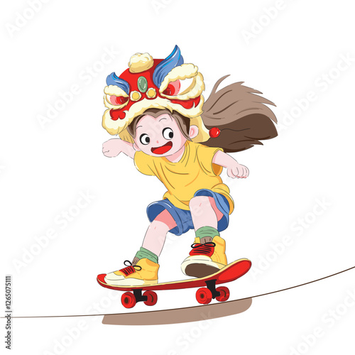 A little girl with a hat of lion dance and she is playing skateboarding
