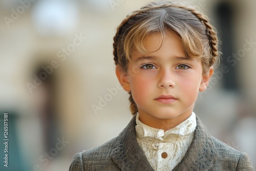 Young boy dressed in vintage attire poses thoughtfully against a blurred background in a historic setting photo