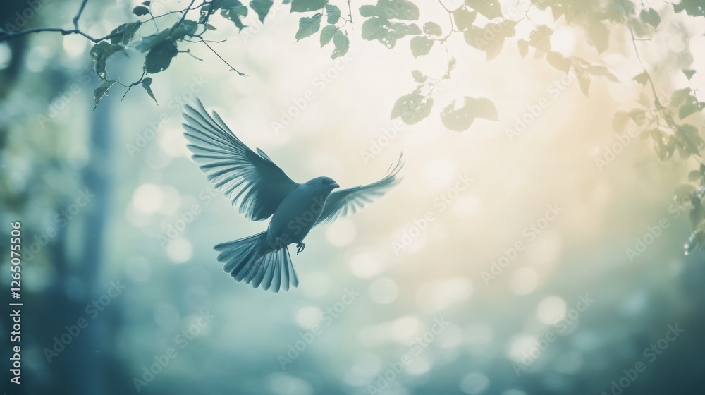 Obraz premium A bird gracefully hovers mid-air, wings fully spread, floating amid soft morning light and nature’s muted colors.