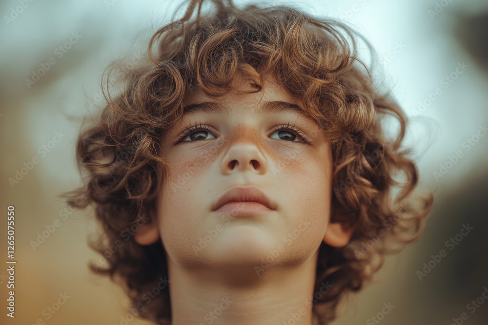 Curly-haired boy gazing thoughtfully at the sky during golden hour in a serene outdoor setting Curly-haired boy gazing thoughtfully at the sky during golden hour in a serene outdoor setting