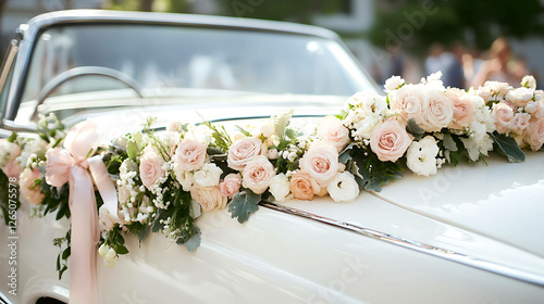 A sleek wedding car adorned with a floral garland and ribbon bow