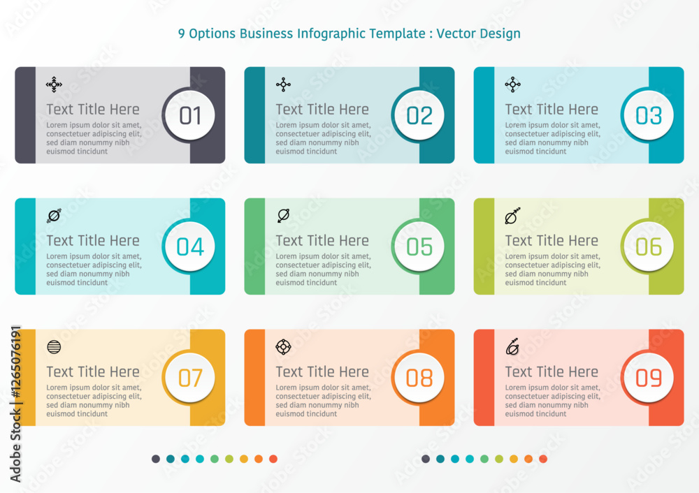 9 options business infographic template, theme of rounded corner rectangle with number on circle button frame, also with symbols 9 options business infographic template, theme of rounded corner rectangle with number on circle button frame, also with symbols