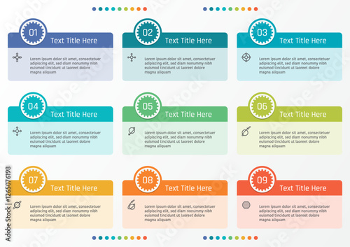 9 options business infographic template, theme of rounded corner rectangle frame with number on gear shape on circle button, also with symbols