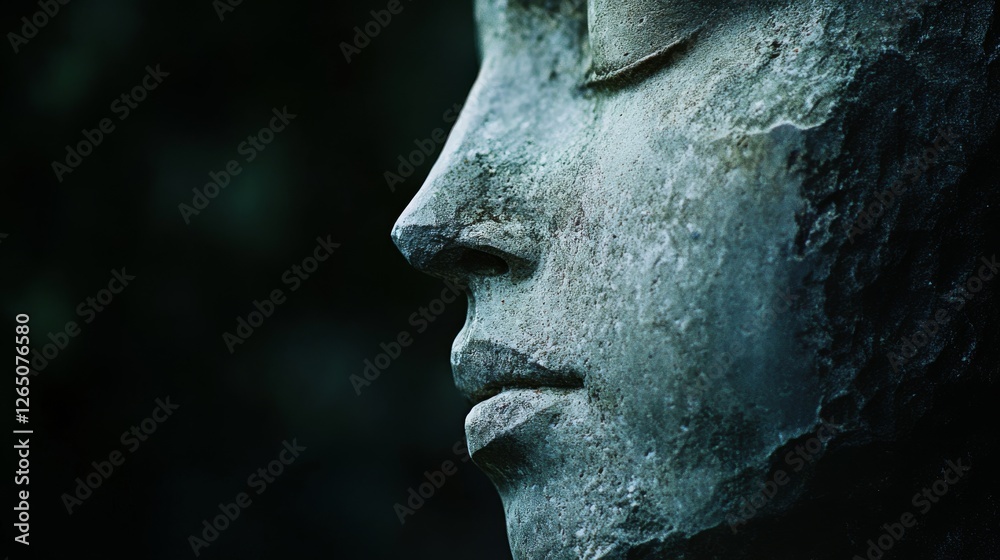 A marble statue, strong and solemn, displays a calm, thoughtful expression in its weathered, graceful features. A marble statue, strong and solemn, displays a calm, thoughtful expression in its weathered, graceful features.
