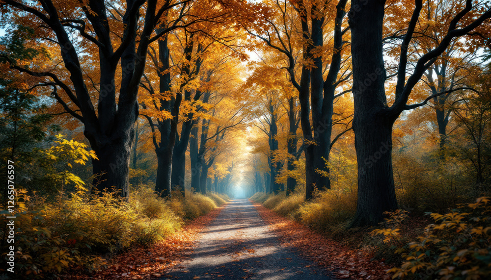Autumnal Road Through Golden Canopy Autumnal Road Through Golden Canopy