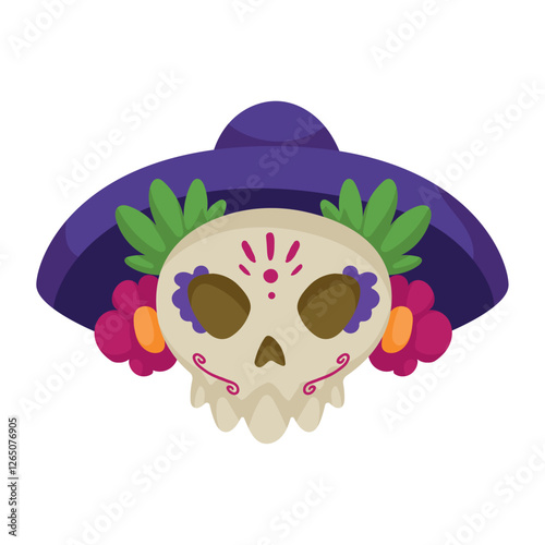 Vector image of a skull with a Mexican hat icon on a white background