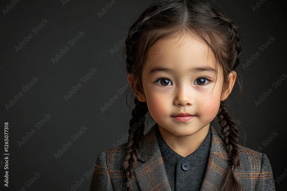 Young child showcases a confident expression dressed in a stylish outfit against a dark backdrop
