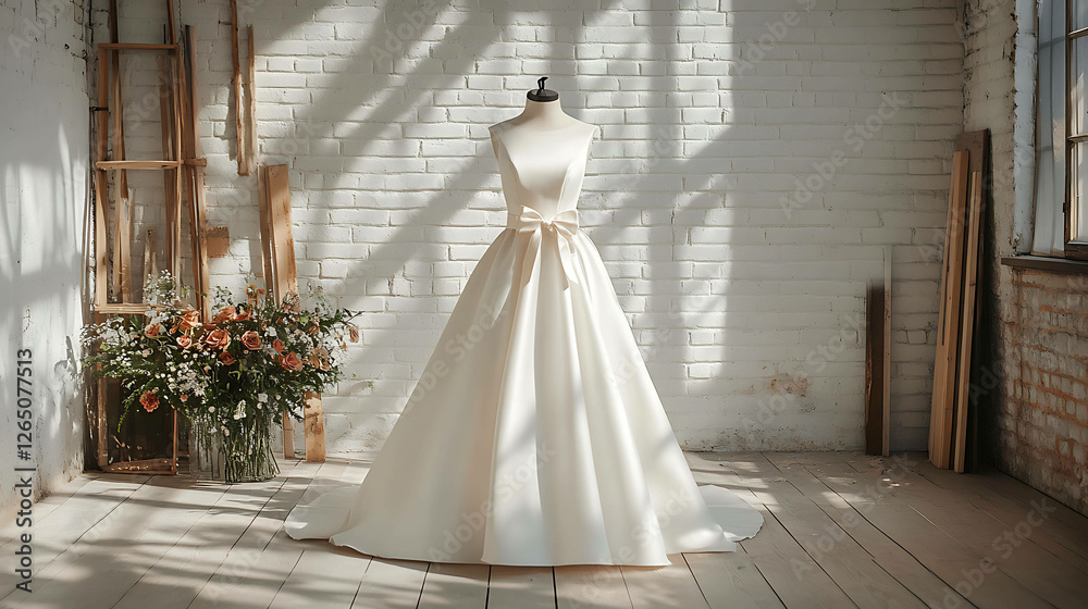 • Formal wedding dress with a long lace train in a minimalist setting • Formal wedding dress with a long lace train in a minimalist setting