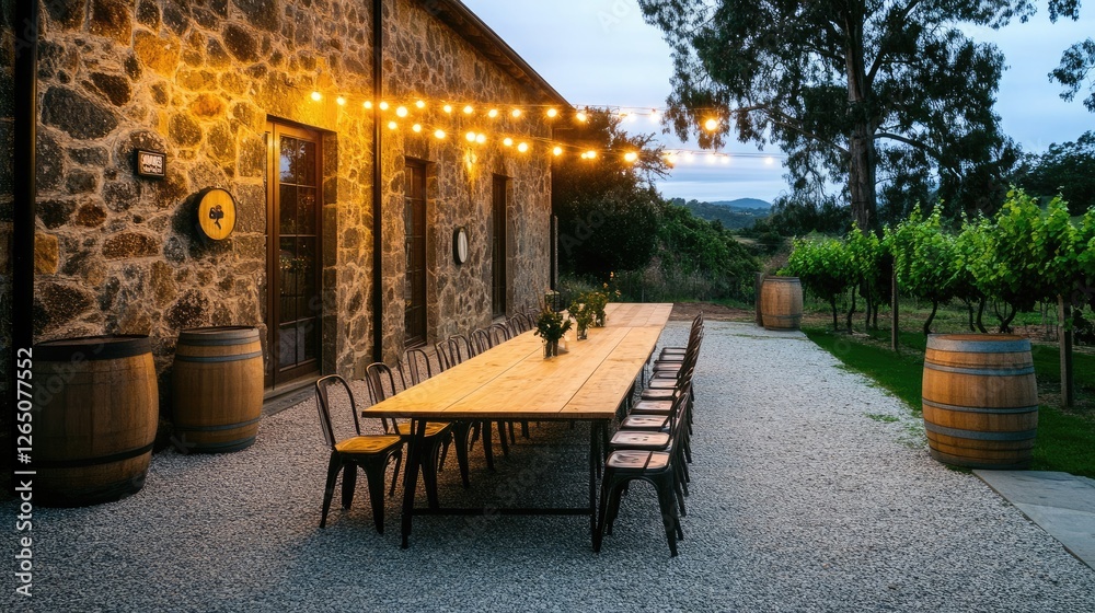 Naklejka premium Outdoor seating area illuminated by warm festoon lights