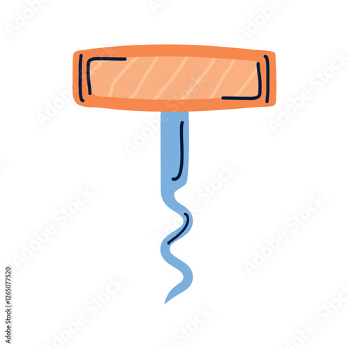 Flat Hand-Drawn Style Vector Illustration of a Corkscrew Bottle Opener with Wooden Handle and Spiral Metal Screw