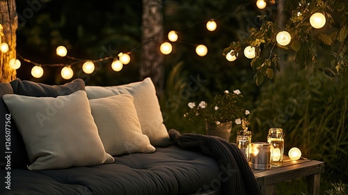 Outdoor seating area illuminated by warm festoon lights