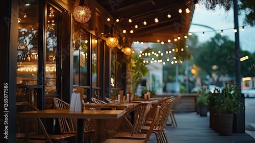 Outdoor seating area illuminated by warm festoon lights