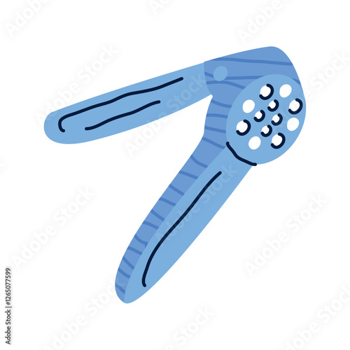 Flat Hand-Drawn Vector Illustration of a Blue Garlic Press Kitchen Tool for Crushing Garlic Cloves