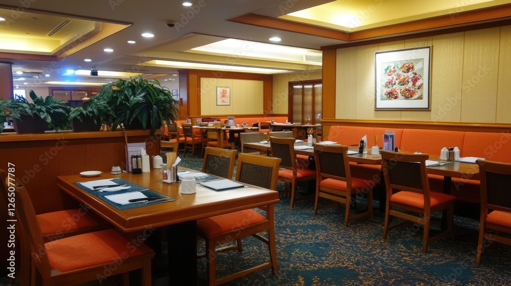 Peaceful dining area with cozy seats and plenty of personal space between tables Peaceful dining area with cozy seats and plenty of personal space between tables