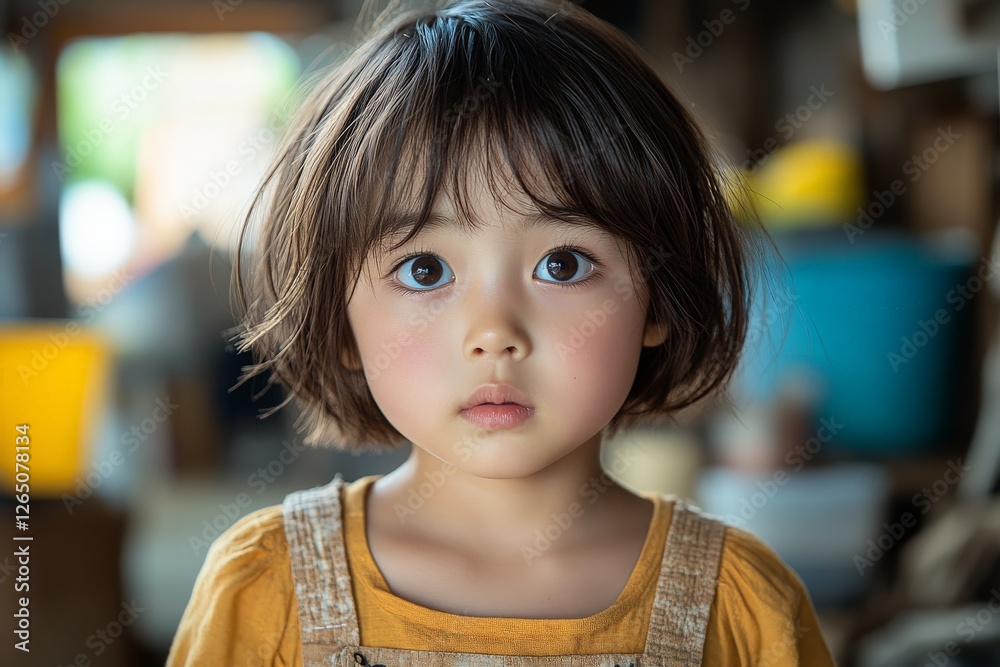 Young child with expressive eyes stands in a cozy workshop filled with colorful objects Young child with expressive eyes stands in a cozy workshop filled with colorful objects