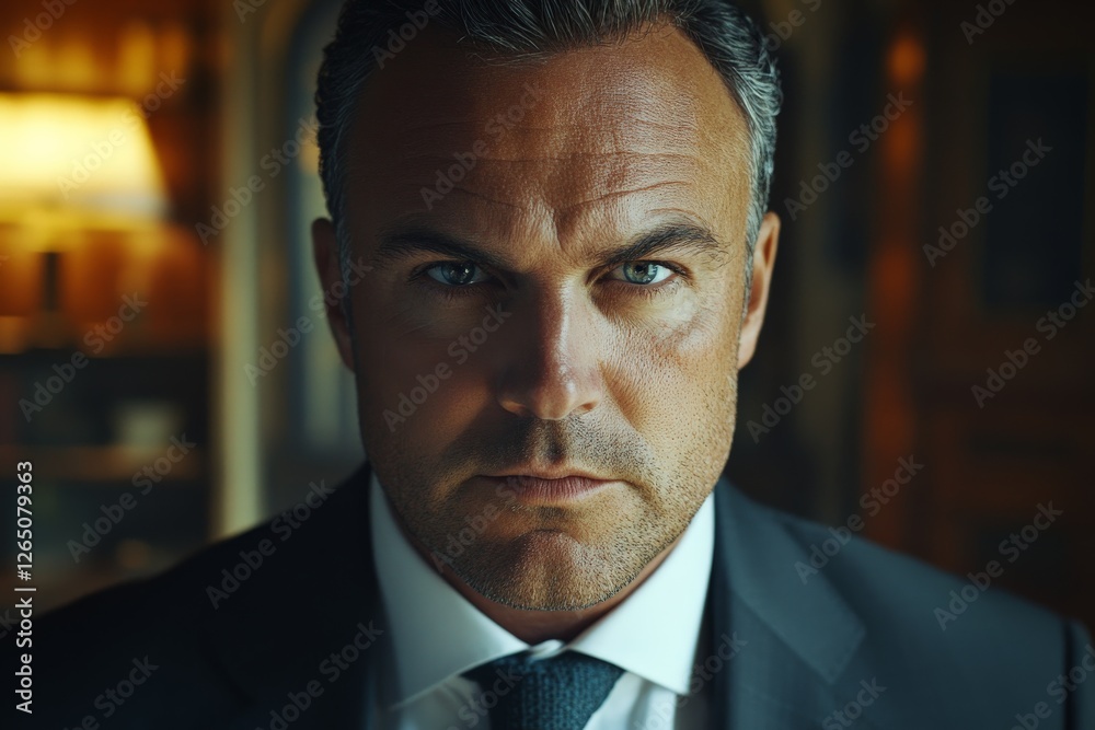 Business man in a suit with intense expression in a dimly lit office setting during late afternoon Business man in a suit with intense expression in a dimly lit office setting during late afternoon