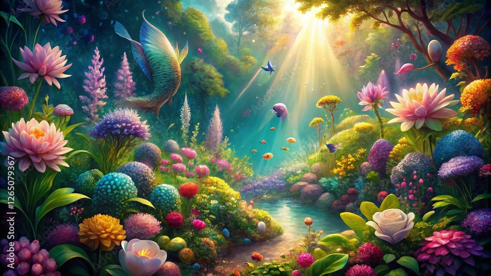 Panoramic Spring Garden Mermaid Glitter Texture: Magical Floral Fantasy Panoramic Spring Garden Mermaid Glitter Texture: Magical Floral Fantasy