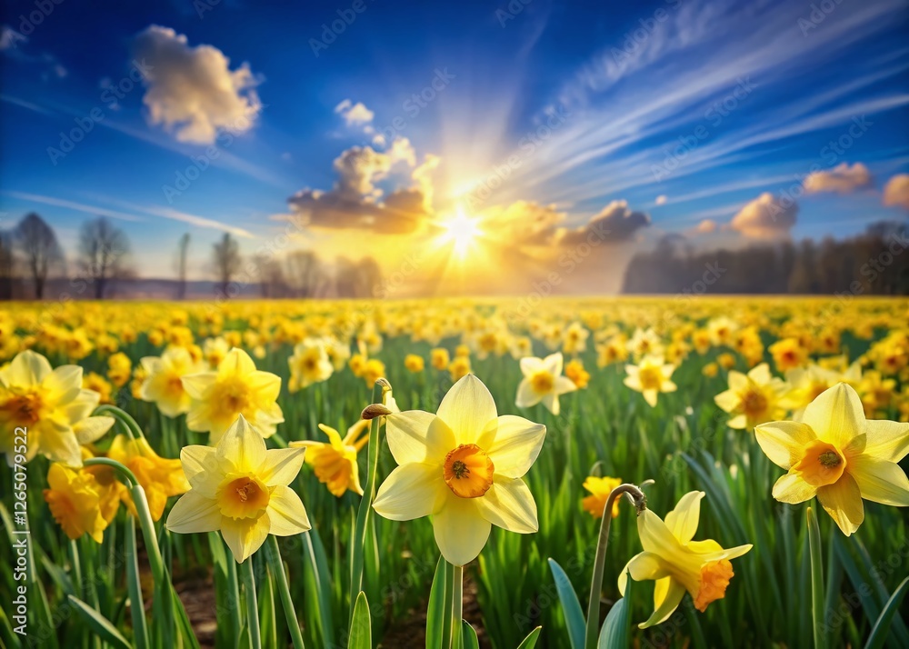 Fototapeta premium Panoramic Spring Meadow with Abundant Narcissus Flowers Blooming