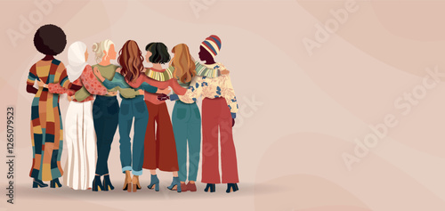 Back view of a group of multicultural women embracing each other. Diversity - inclusion - equality - girl power or empowerment concept. International Women s Day. Banner copy space