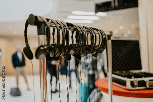A row of black interpretation headsets hanging on a metal stand at a conference or business event, with a blurred background of attendees and a black equipment case on a table