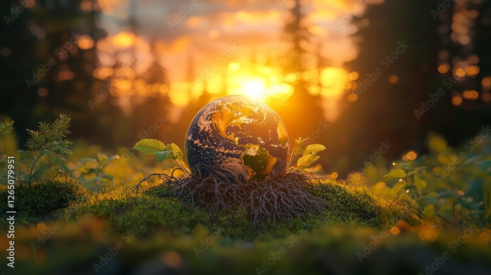 Earth globe in a forest at sunset. Possible use for environmental awareness Earth globe in a forest at sunset. Possible use for environmental awareness