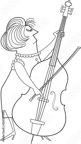 Cartoon woman playing cello.
Cartoon cellist woman. Outline black and white illustration
