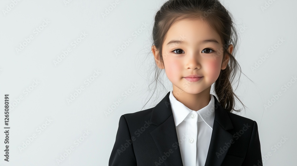 beautiful portrait of female kid model, wearing a black suit and white shirt, with soft lighting on the face and a clean, solid white isolated background beautiful portrait of female kid model, wearing a black suit and white shirt, with soft lighting on the face and a clean, solid white isolated background