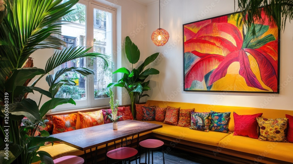 Fototapeta premium Relaxing restaurant space with comfortable seating and natural light filtering through