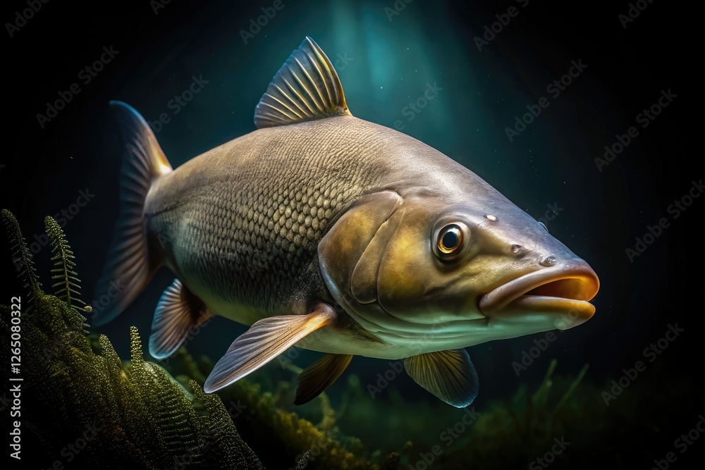 Low light captures a solitary barbel, its details sharp, a mesmerizing underwater wildlife image. Low light captures a solitary barbel, its details sharp, a mesmerizing underwater wildlife image.