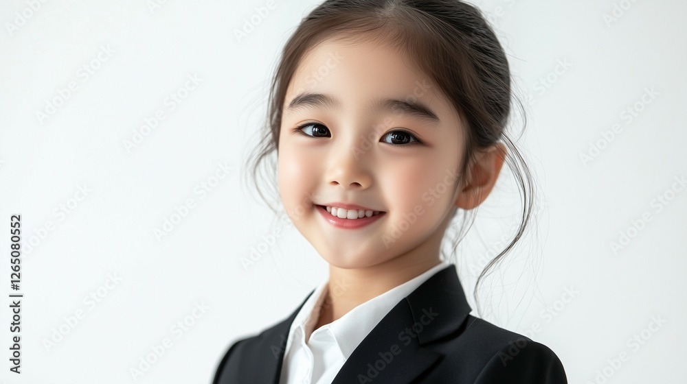beautiful portrait of female kid model, wearing a black suit and white shirt, with soft lighting on the face and a clean, solid white isolated background beautiful portrait of female kid model, wearing a black suit and white shirt, with soft lighting on the face and a clean, solid white isolated background