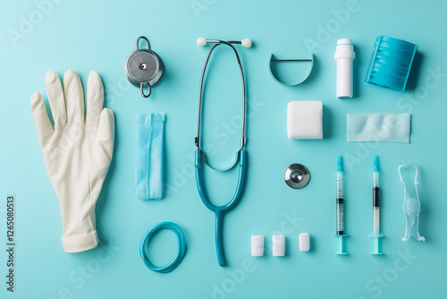 Flat lay of medical equipment with a stethoscope, gloves and an armored flambeau set on a pastel blue background.