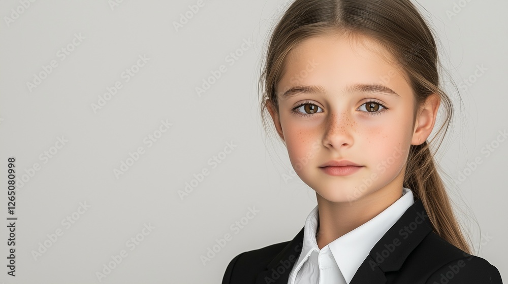 beautiful portrait of female kid model, wearing a black suit and white shirt, with soft lighting on the face and a clean, solid white isolated background beautiful portrait of female kid model, wearing a black suit and white shirt, with soft lighting on the face and a clean, solid white isolated background