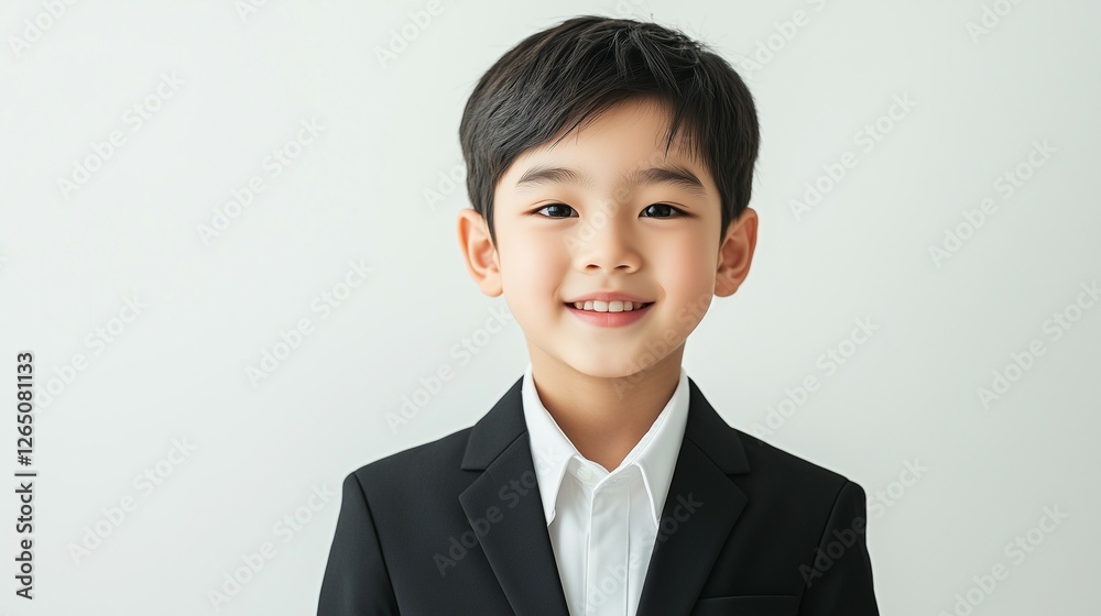 handsome portrait of male kid model, wearing a black suit and white shirt, with soft lighting on the face and a clean, solid white isolated background handsome portrait of male kid model, wearing a black suit and white shirt, with soft lighting on the face and a clean, solid white isolated background