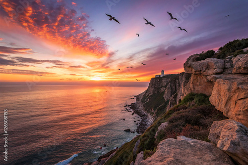Cliffside view of an ocean sunset