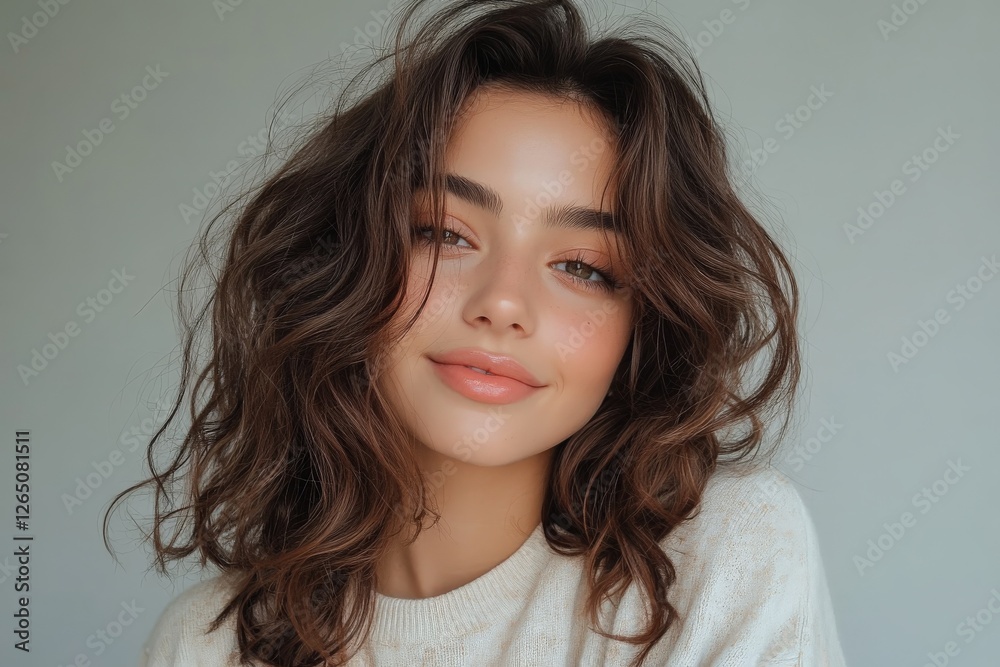 Woman with curly hair smiling softly against a neutral background, radiating warmth and confidence in a cozy sweater Woman with curly hair smiling softly against a neutral background, radiating warmth and confidence in a cozy sweater