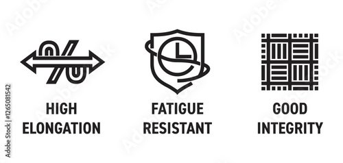 Fatigue resistant, Good integrity, High elongation - Aramid fibers benefits icons, bold line