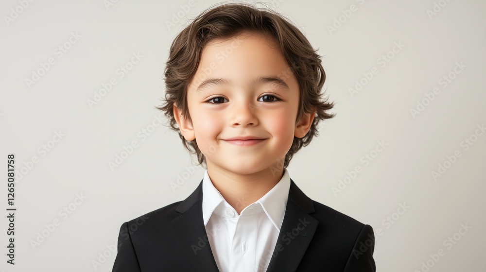 handsome portrait of male kid model, wearing a black suit and white shirt, with soft lighting on the face and a clean, solid white isolated background handsome portrait of male kid model, wearing a black suit and white shirt, with soft lighting on the face and a clean, solid white isolated background