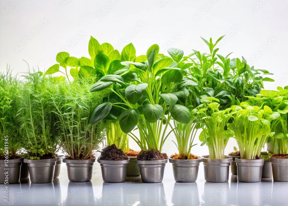 Panoramic View of Aromatic Herb and Vegetable Seedlings on White Panoramic View of Aromatic Herb and Vegetable Seedlings on White