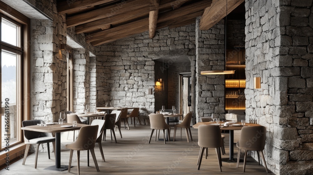 Naklejka premium Rustic restaurant interior with warm lighting and stone walls