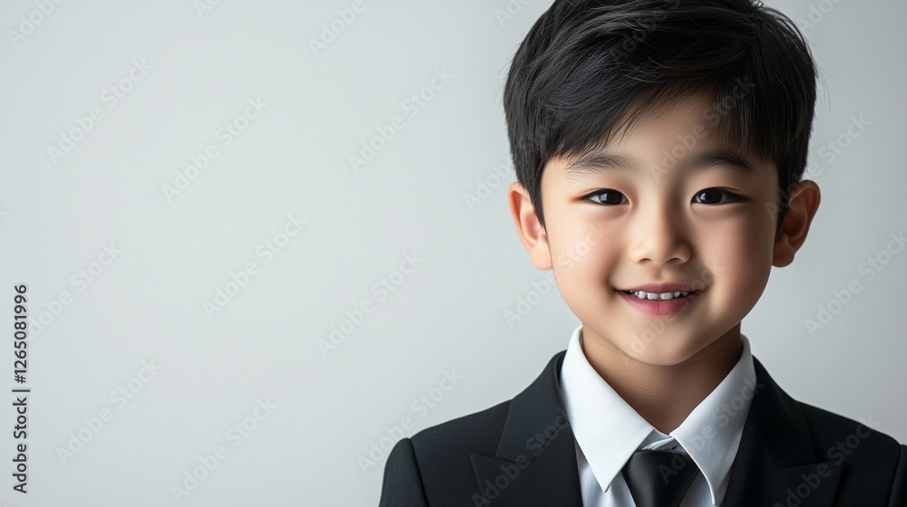 handsome portrait of male kid model, wearing a black suit and white shirt, with soft lighting on the face and a clean, solid white isolated background handsome portrait of male kid model, wearing a black suit and white shirt, with soft lighting on the face and a clean, solid white isolated background