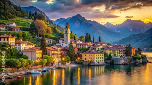 Panoramic View of Cadenabbia and Tremezzo Towns on Lake Como, Italy photo