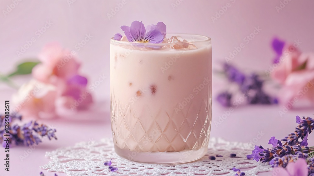 A gourmet iced lavender honey latte in an etched glass, garnished with delicate edible flowers, placed on a lace doily, isolated on a soft pastel background
