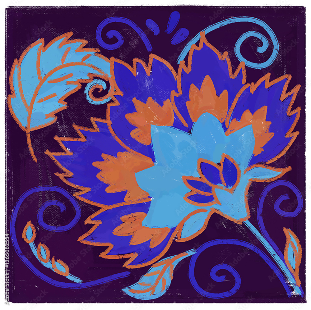 Naklejka premium Floral blue glazed tile with large flower. Seamless pattern Moroccan texture.