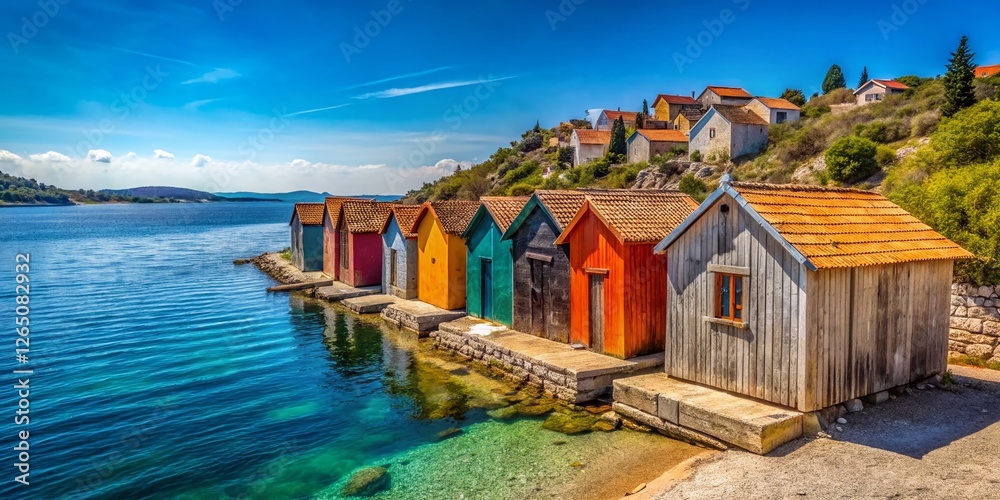 Naklejka premium Panoramic View of Historic Socialist-Era Cabins in Šibenik Jadrija, Croatia