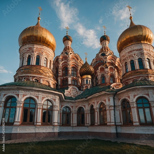 A grand Russian palace with intricate domes and colourful architecture glowing in the morning light.