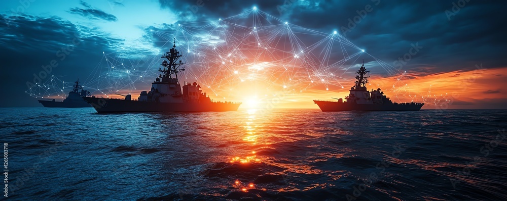 Digital network overlay on the oceans surface with warships in silhouette, a hightech naval concept showcasing modern military capabilities at the horizon Digital network overlay on the oceans surface with warships in silhouette, a hightech naval concept showcasing modern military capabilities at the horizon