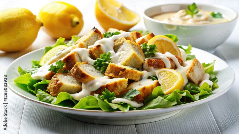 Night's embrace illuminates a tempting chicken Caesar salad; zesty lemon, creamy dressing. Night's embrace illuminates a tempting chicken Caesar salad; zesty lemon, creamy dressing.